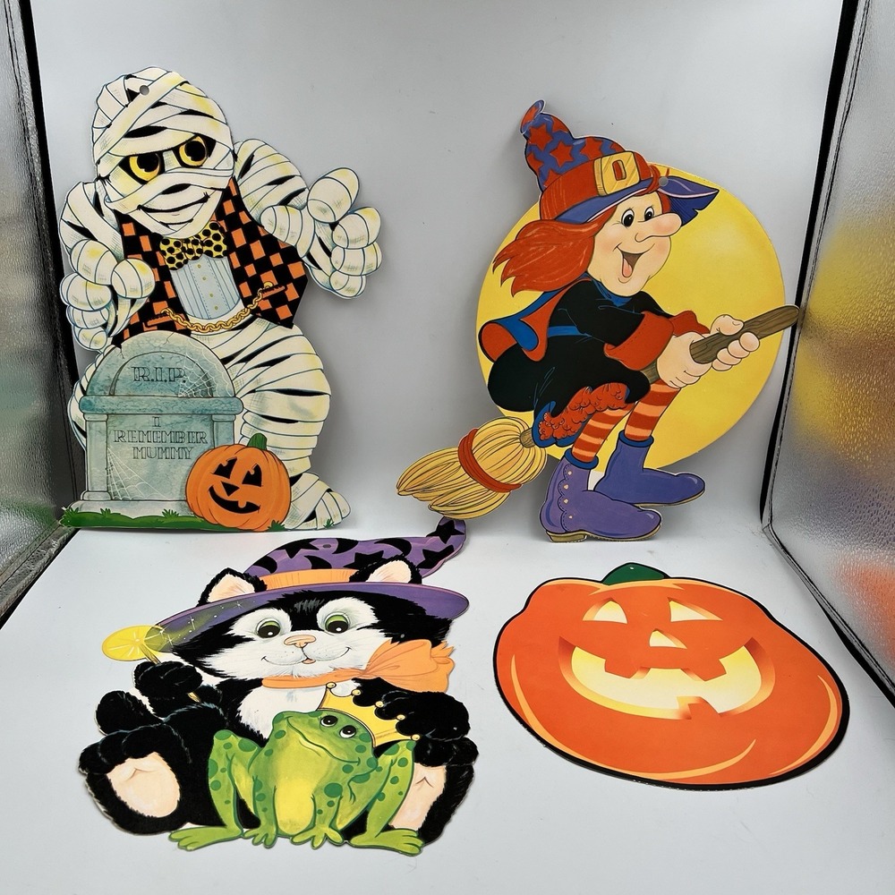 Vintage Lot Of 4 Flocked Halloween Die Cut Cardboard Wall Decorations Witch Cat